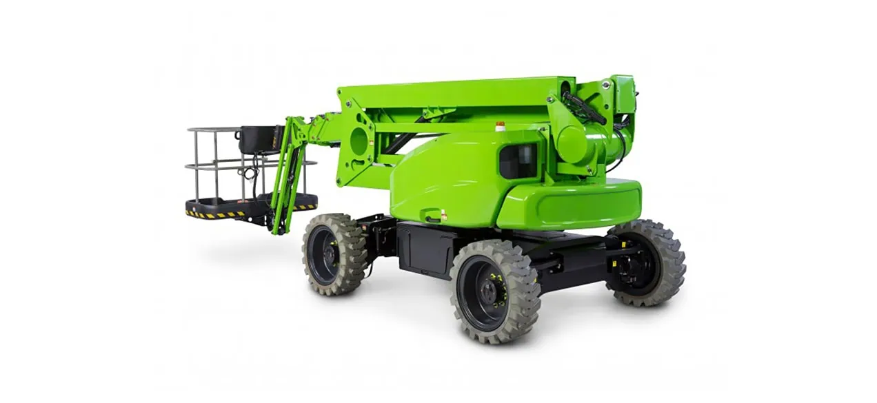  a cherry picker machine with a telescopic arm and bright green fibreglass body shell