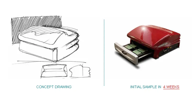 GRP parts concept drawing and prototype side by side