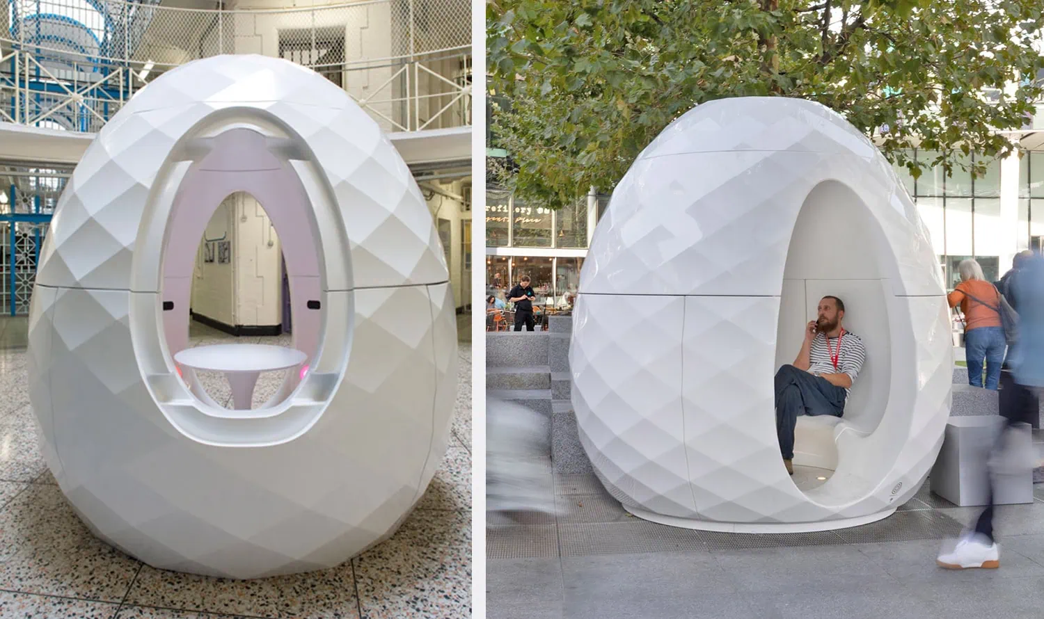 egg-shaped fibreglass wellbeing pod with table and seating inside, in a public location